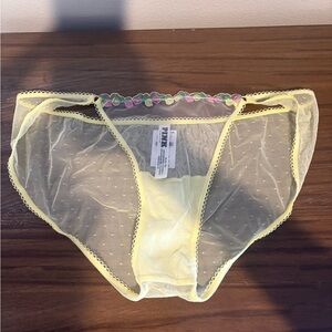 VICTORIA'S SECRET PINK Wink Mesh Cheeky Panty VS Yellow Fruit Rose Appliqué M
